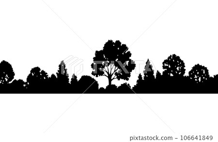 Forest silhouette, natural wild landscape. Editable vector foreground of woodlands. Tees black silhouettes, detailed illustration Forest silhouette, natural wild landscape. Editable vector foreground of woodlands. Tees black silhouettes, detailed illustration 106641849