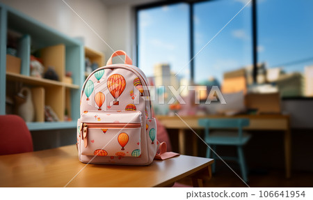 Back to school concept.Backpack with different colorful stationery on table with copy space. School bag with school supplies Back to school concept.Backpack with different colorful stationery on table with copy space. School bag with school supplies 106641954