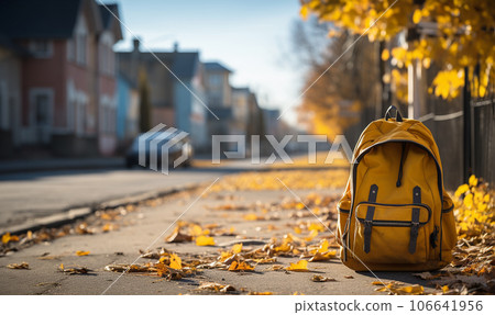Back to school concept.Backpack with different colorful stationery on table with copy space. School bag with school supplies Back to school concept.Backpack with different colorful stationery on table with copy space. School bag with school supplies 106641956