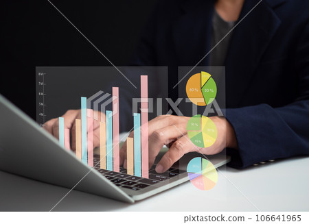 Business people use computers to analyze business and manage corporate data, business analytics with charts, metrics and KPIs to improve organizational performance, marketing, financial organization Business people use computers to analyze business and manage corporate data, business analytics with charts, metrics and KPIs to improve organizational performance, marketing, financial organization 106641965