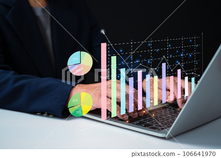 Business people use computers to analyze business and manage corporate data, business analytics with charts, metrics and KPIs to improve organizational performance, marketing, financial organization 106641970