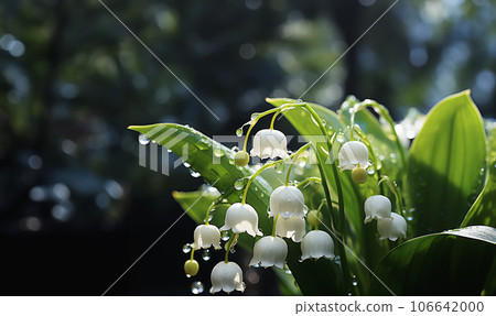 Lily of the valley or Convallaria flower closeup on blurred background. Beautiful Wide Angle Nature Spring Wallpaper. Panoramic Floral header Web banner with copy space for text 106642000
