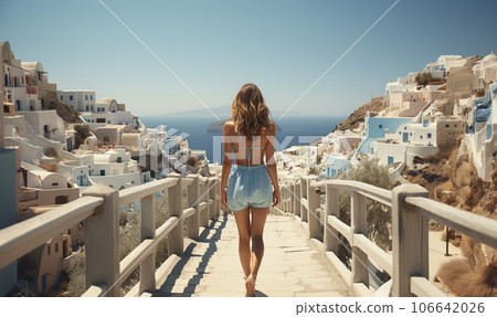 Woman walking in Traditional Greek village. Santorini travel tourist woman on vacation in Oia visiting the famous white village with the mediterranean sea and blue domes. Europe summer travel Woman walking in Traditional Greek village. Santorini travel tourist woman on vacation in Oia visiting the famous white village with the mediterranean sea and blue domes. Europe summer travel 106642026