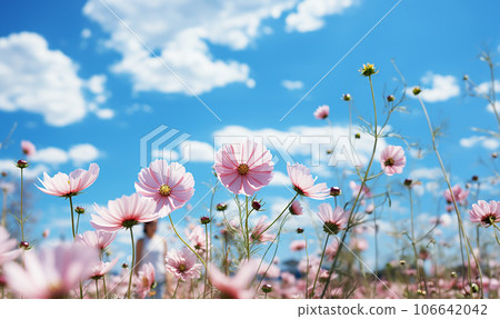Border of pink cosmos flower in cosmos field in garden with blurry background and soft sunlight for horizontal floral poster. Close up flowers blooming on softness style in spring summer under sunrise Border of pink cosmos flower in cosmos field in garden with blurry background and soft sunlight for horizontal floral poster. Close up flowers blooming on softness style in spring summer under sunrise 106642042
