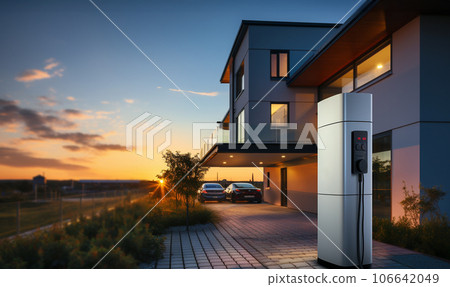 Generic electric vehicle EV hybrid car is being charged from a wallbox on a contemporary modern residential building house. technology of home charging for electric vehicles Generic electric vehicle EV hybrid car is being charged from a wallbox on a contemporary modern residential building house. technology of home charging for electric vehicles 106642049