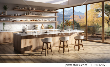Modern kitchen with kitchen Island and bar chairs and panoramic window.luxurious kitchen with a large island, gold faucet,Beautiful stylish Scandinavian design with green nature landscape view Modern kitchen with kitchen Island and bar chairs and panoramic window.luxurious kitchen with a large island, gold faucet,Beautiful stylish Scandinavian design with green nature landscape view 106642079