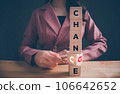 Businesswoman hand flipping wooden blocks with CHANGE to CHANCE text. Economy investment business crisis, technology transformation can make good chance, strategy, solution, positive thinking concept. Businesswoman hand flipping wooden blocks with CHANGE to CHANCE text. Economy investment business crisis, technology transformation can make good chance, strategy, solution, positive thinking concept. 106642652