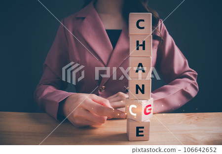 Businesswoman hand flipping wooden blocks with CHANGE to CHANCE text. Economy investment business crisis, technology transformation can make good chance, strategy, solution, positive thinking concept. 106642652
