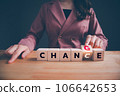 Businesswoman hand flipping wooden blocks with CHANGE to CHANCE text. Economy investment business crisis, technology transformation can make good chance, strategy, solution, positive thinking concept. Businesswoman hand flipping wooden blocks with CHANGE to CHANCE text. Economy investment business crisis, technology transformation can make good chance, strategy, solution, positive thinking concept. 106642653