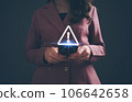 Businesswoman holding smartphone with triangle caution warning sign for notification error. Concept of virus detected, personal data protection, network security, maintenance. Businesswoman holding smartphone with triangle caution warning sign for notification error. Concept of virus detected, personal data protection, network security, maintenance. 106642658