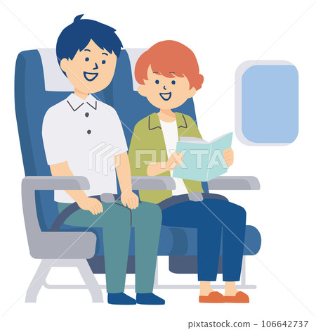 Illustration of a couple sitting on an airplane seat 106642737
