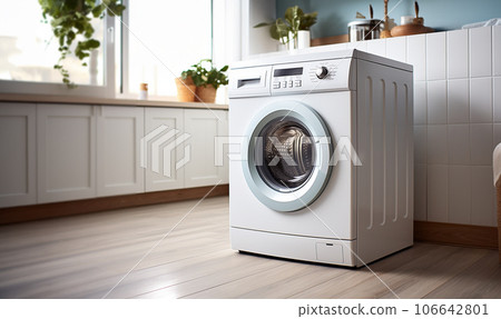 Stylish Laundry room interior. Modern washing machine and laundry basket near white wall indoors, space for text. Bathroom interior copy space. Scandinavian design Stylish Laundry room interior. Modern washing machine and laundry basket near white wall indoors, space for text. Bathroom interior copy space. Scandinavian design 106642801