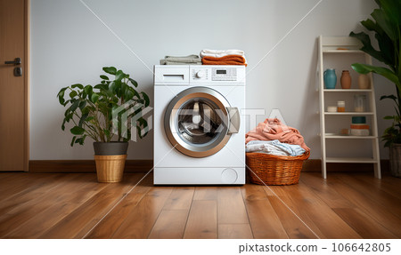 Stylish Laundry room interior. Modern washing machine and laundry basket near white wall indoors, space for text. Bathroom interior copy space. Scandinavian design 106642805