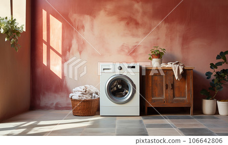 Stylish Laundry room interior. Modern washing machine and laundry basket near white wall indoors, space for text. Bathroom interior copy space. Scandinavian design 106642806