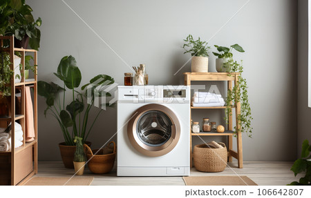 Stylish Laundry room interior. Modern washing machine and laundry basket near white wall indoors, space for text. Bathroom interior copy space. Scandinavian design 106642807