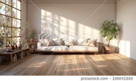 Aesthetic minimalist composition of japandi living room interior. White walls, wooden floor, elegant couch, decorative vases, exotic plants in pots, large windows. Home decor template, 3D rendering. 106642889