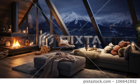 Interior of cozy living room in modern minimalist chalet with Christmas decor. Blazing fireplace, garlands and burning candles, comfortable cushioned furniture, panoramic windows with mountains view. 106642892