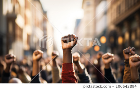 BLM raised fist for anti-racism protest against racial inequality. Black lives matter demonstration.Arms and fists raised in the air, protest and demonstration concept. copy space BLM raised fist for anti-racism protest against racial inequality. Black lives matter demonstration.Arms and fists raised in the air, protest and demonstration concept. copy space 106642894