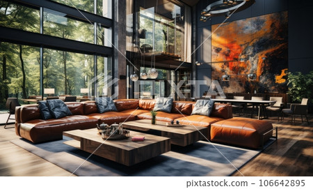 Interior of modern eclectic living area in luxury cottage. Large abstract painting on the wall, stylish cushioned furniture, coffee table, panoramic windows. Contemporary home design. Interior of modern eclectic living area in luxury cottage. Large abstract painting on the wall, stylish cushioned furniture, coffee table, panoramic windows. Contemporary home design. 106642895