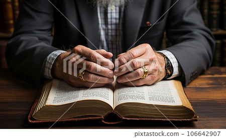 Hands, bible and senior man praying and reading the bible together for scripture, faith and trust, worship and praise with elderly man and woman united in prayer, holy or gratitude to Jesus Christ Hands, bible and senior man praying and reading the bible together for scripture, faith and trust, worship and praise with elderly man and woman united in prayer, holy or gratitude to Jesus Christ 106642907