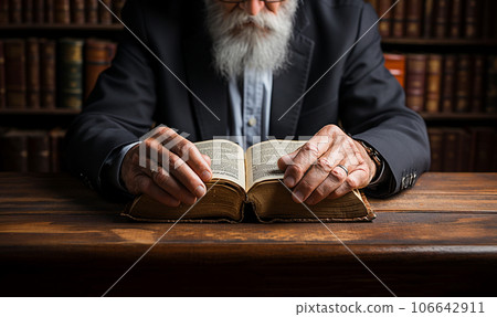 Hands, bible and senior man praying and reading the bible together for scripture, faith and trust, worship and praise with elderly man and woman united in prayer, holy or gratitude to Jesus Christ 106642911