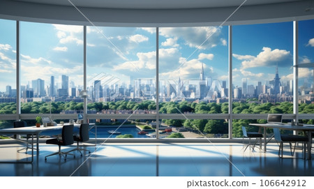 Interior of luxury open space office area in modern building. Glossy floor, large desks with computers, office chairs, plants in pots, floor-to-ceiling windows with urban view. Template, 3D rendering. 106642912