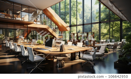 Modern open space office with no employees in luxury building. Large desks, office chairs, desktop computers. Stairs to the upper level. Glass walls with park view. Contemporary interior design. 106642950