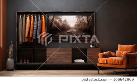 Front view of a modern minimalist walk-in closet. Wardrobe with neatly hung clothes, comfortable armchair, poster on the wall, commode, decorative vase, home decor. Mockup, 3D rendering. 106642969