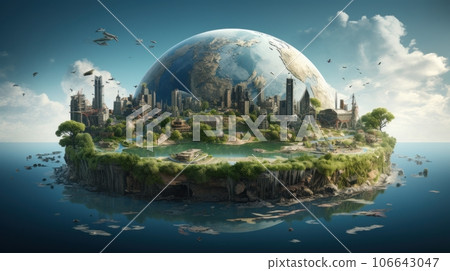 Symbolic 3D image of the globe with elements of human activity and nature landscape. Eliminate waste and pollution, save clean planet. Saving nature for future generations. Earth Day, ecology concept. 106643047