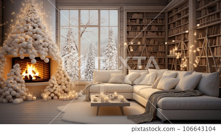 Interior of classic white living room with Christmas decor. Blazing fireplace, burning candles, elegant Christmas tree, comfortable cushioned furniture, bookcase, large window with winter forest view. Interior of classic white living room with Christmas decor. Blazing fireplace, burning candles, elegant Christmas tree, comfortable cushioned furniture, bookcase, large window with winter forest view. 106643104