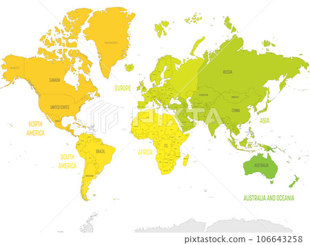 Map of World continents - North America, South America, Africa, Europe, Asia and Australia. Mercator projection. Each continent in different color. Map of World continents - North America, South America, Africa, Europe, Asia and Australia. Mercator projection. Each continent in different color. 106643258