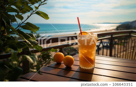 Fresh refreshing orange juice with ocean view. Summer holiday vacation concept with orange juice over sea beach background copy space Fresh refreshing orange juice with ocean view. Summer holiday vacation concept with orange juice over sea beach background copy space 106643351