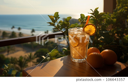 Fresh refreshing orange juice with ocean view. Summer holiday vacation concept with orange juice over sea beach background copy space Fresh refreshing orange juice with ocean view. Summer holiday vacation concept with orange juice over sea beach background copy space 106643357
