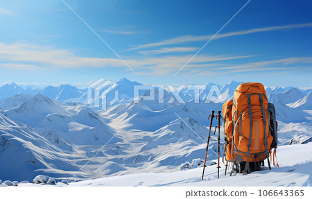 Hiking equipment snow Mountains, backpack and ski poles,climbs snowy mountain,winter trekking equipment,hiking,hike,sports with copy space 106643365