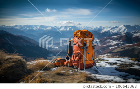 Hiking equipment snow Mountains, backpack and ski poles,climbs snowy mountain,winter trekking equipment,hiking,hike,sports with copy space 106643368
