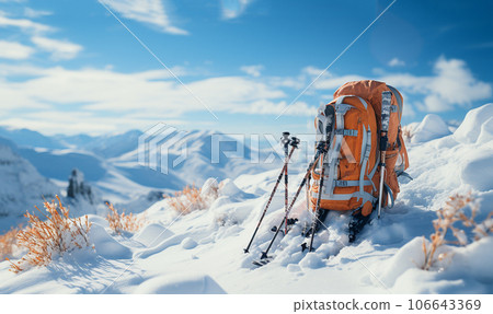 Hiking equipment snow Mountains, backpack and ski poles,climbs snowy mountain,winter trekking equipment,hiking,hike,sports with copy space Hiking equipment snow Mountains, backpack and ski poles,climbs snowy mountain,winter trekking equipment,hiking,hike,sports with copy space 106643369