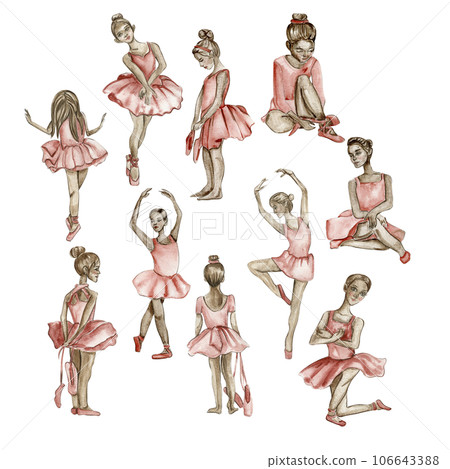Watercolor ballerina girl in pink dress. Pretty small ballerina. Watercolor hand drawn illustration. Can be used for greetings cards or posters. 106643388