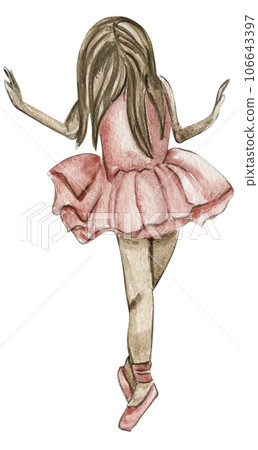 Watercolor ballerina girl in pink dress. Pretty small ballerina. Watercolor hand drawn illustration. Can be used for greetings cards or posters. Watercolor ballerina girl in pink dress. Pretty small ballerina. Watercolor hand drawn illustration. Can be used for greetings cards or posters. 106643397