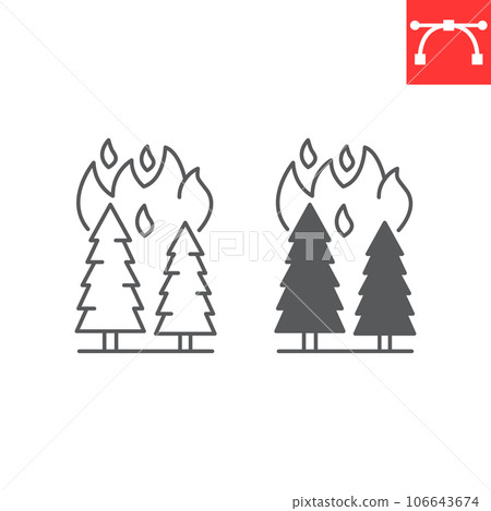 Forest fire line and glyph icon, climate change and ecology, pine tree on fire vector icon, vector graphics, editable stroke outline sign, eps 10. Forest fire line and glyph icon, climate change and ecology, pine tree on fire vector icon, vector graphics, editable stroke outline sign, eps 10. 106643674