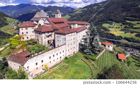 Italy travel and landmarks .Scenic village Chiusa and it's famous benedictine monastery Sabiona 106644236