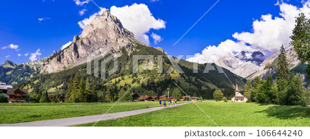 Switzerland scenic places. picturesque Kanderseg village and ski resort surrouded by impressive Alps mountains. Canton of Bern Switzerland scenic places. picturesque Kanderseg village and ski resort surrouded by impressive Alps mountains. Canton of Bern 106644240