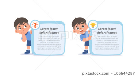 Asian boy character cartoon design with question and idea text box frame for message illustration vector. Education concept. Asian boy character cartoon design with question and idea text box frame for message illustration vector. Education concept. 106644297