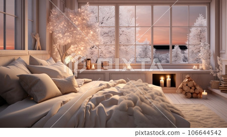 Interior of modern white bedroom with Christmas decor. Garlands and burning candles, decorated plants, comfortable bed with cushions and blanket, bookcase, large window with winter forest view. Interior of modern white bedroom with Christmas decor. Garlands and burning candles, decorated plants, comfortable bed with cushions and blanket, bookcase, large window with winter forest view. 106644542