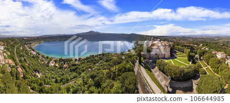 Most scenic lakes of Italy - volcanic Albano lake , aerial drone view of Castel Gandolfo village and crater of volcno. popular touristic site near Romem, famous as Pope residense 106644985
