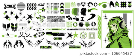 Cyberpunk grid icon element set, vector abstract retro y2k shapes kit, Japanese sci-fi girl face.  106645427