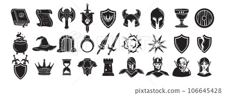 Game fantasy icon set, vector magic dungeon dragon RPG sign, medieval warrior avatar, fairytale sign 106645428