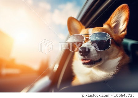 Corgi dogs in sunglasses riding in a car 106645725