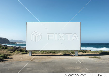 A large street billboard for advertising against the background of the sea and rocks 106645739