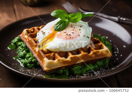 Belgian waffle with poached egg and spinach 106645752