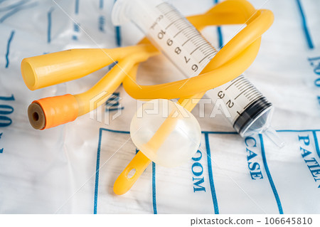Foley urinary catheter with urine bag for disability or patient in hospital. 106645810